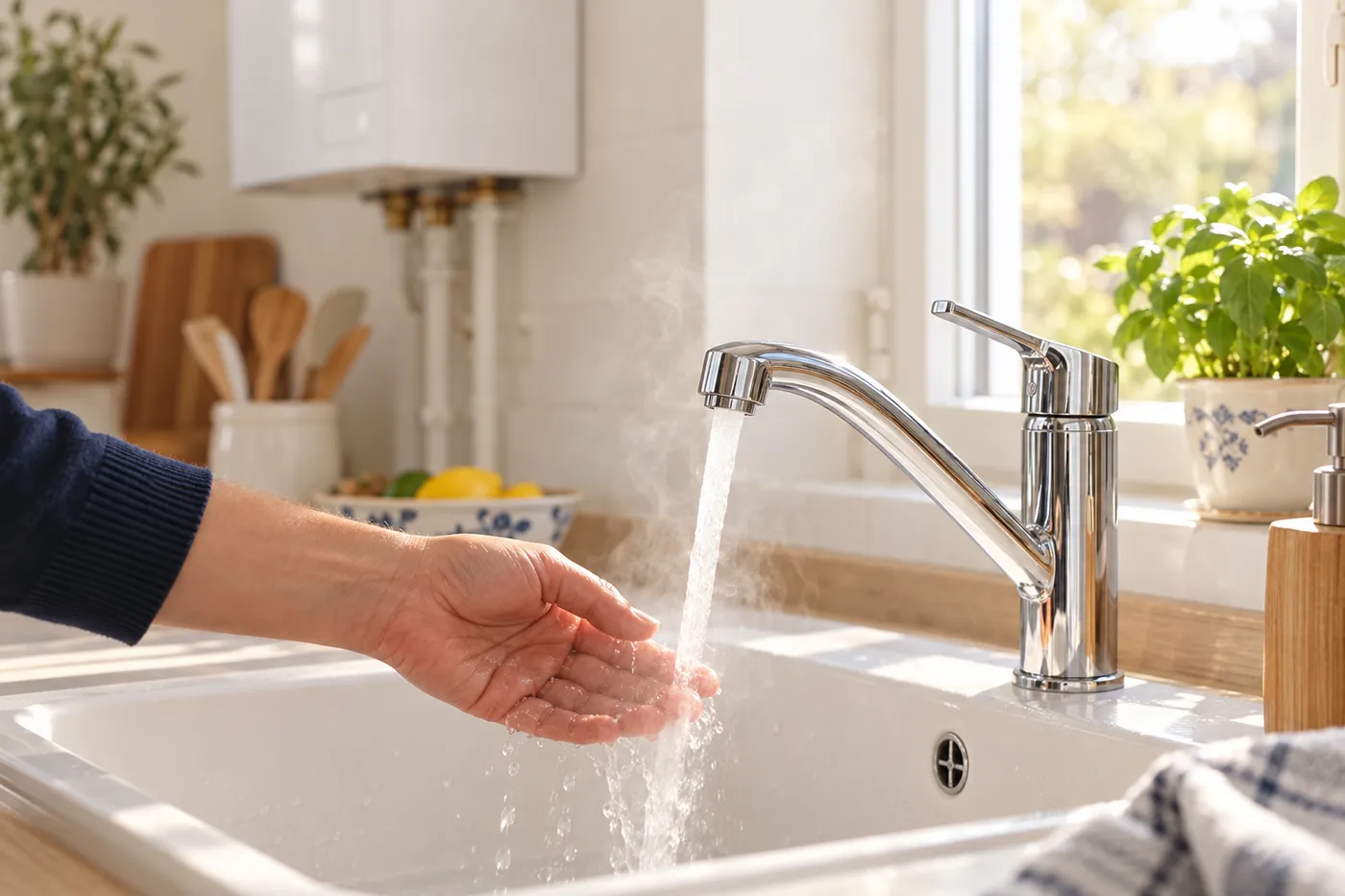 Eau chaude qui coule de nouveau au robinet d'une cuisine après remise en route de la chaudière